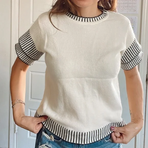 Plus Classic Striped Loose Fit Layered Sleeve Blouse